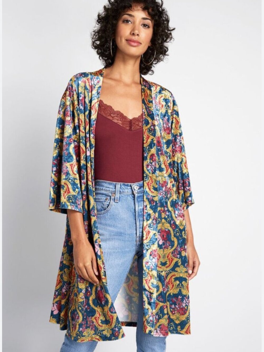 ModCloth Paisley Geometric Velvet Kimono Cardigan Blue Yellow 1X–2X EUC